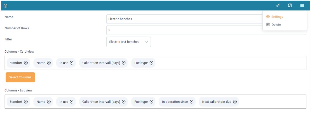 Example widget settings