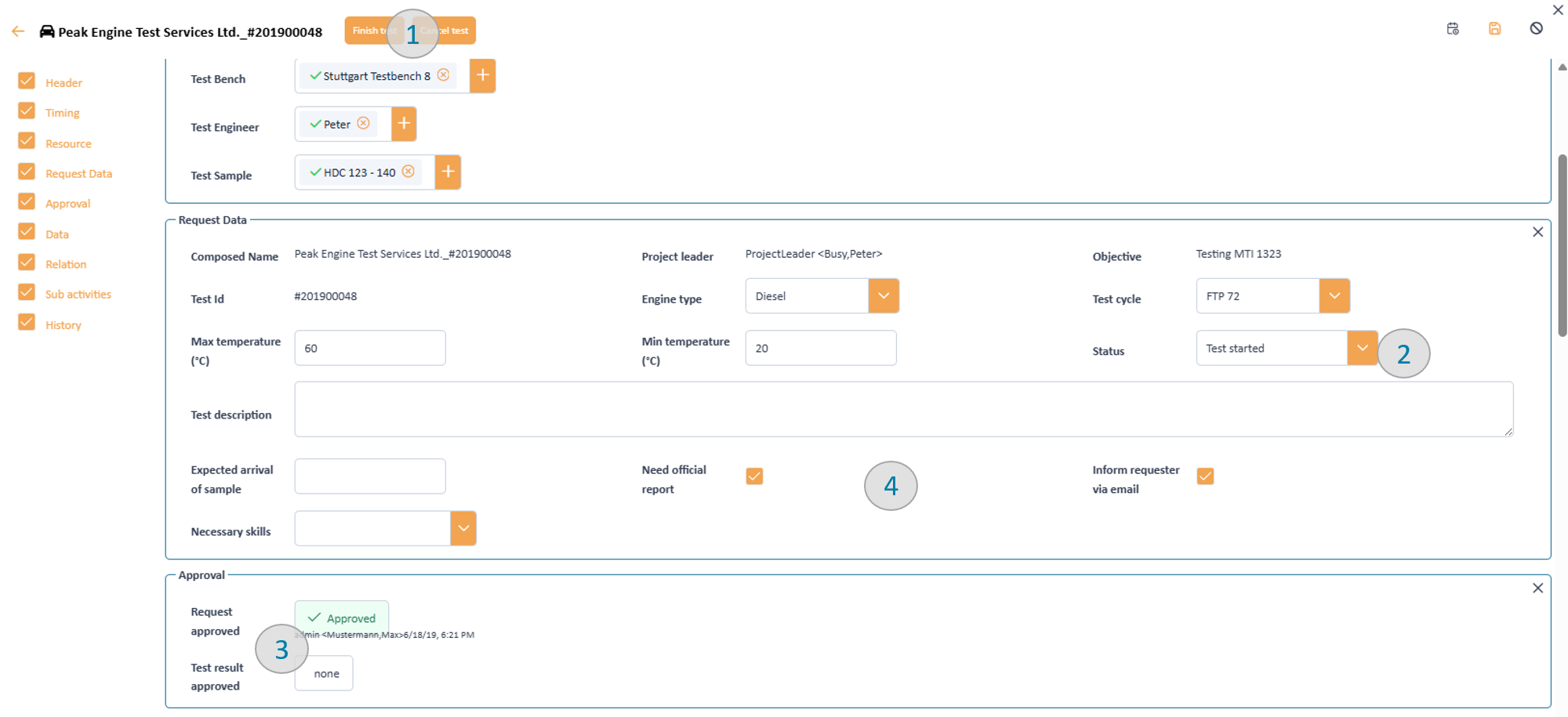 Status engine integrated in a test request ask