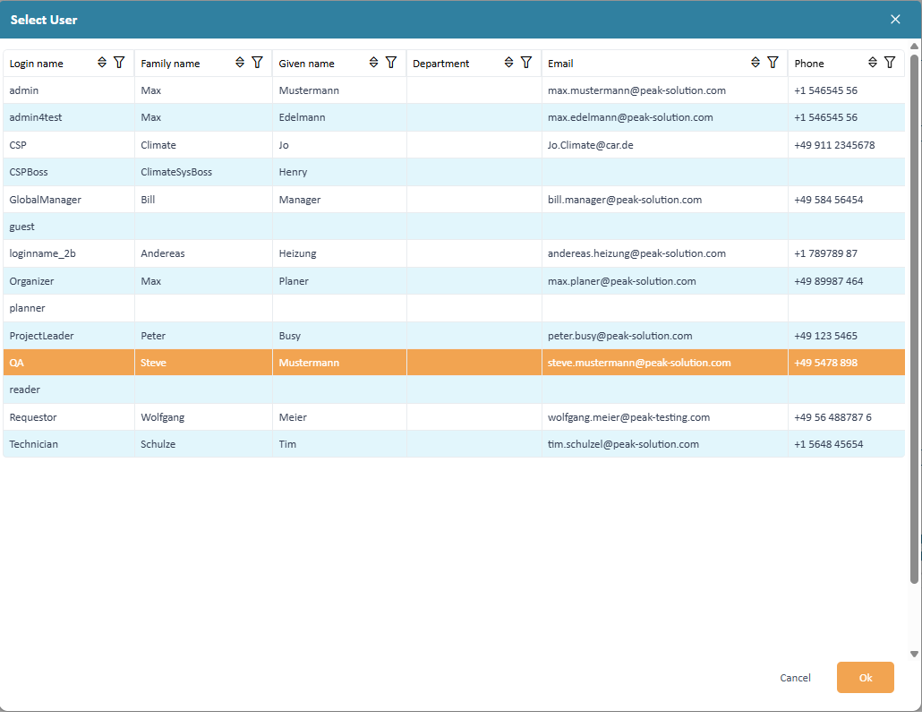 User selection dialog