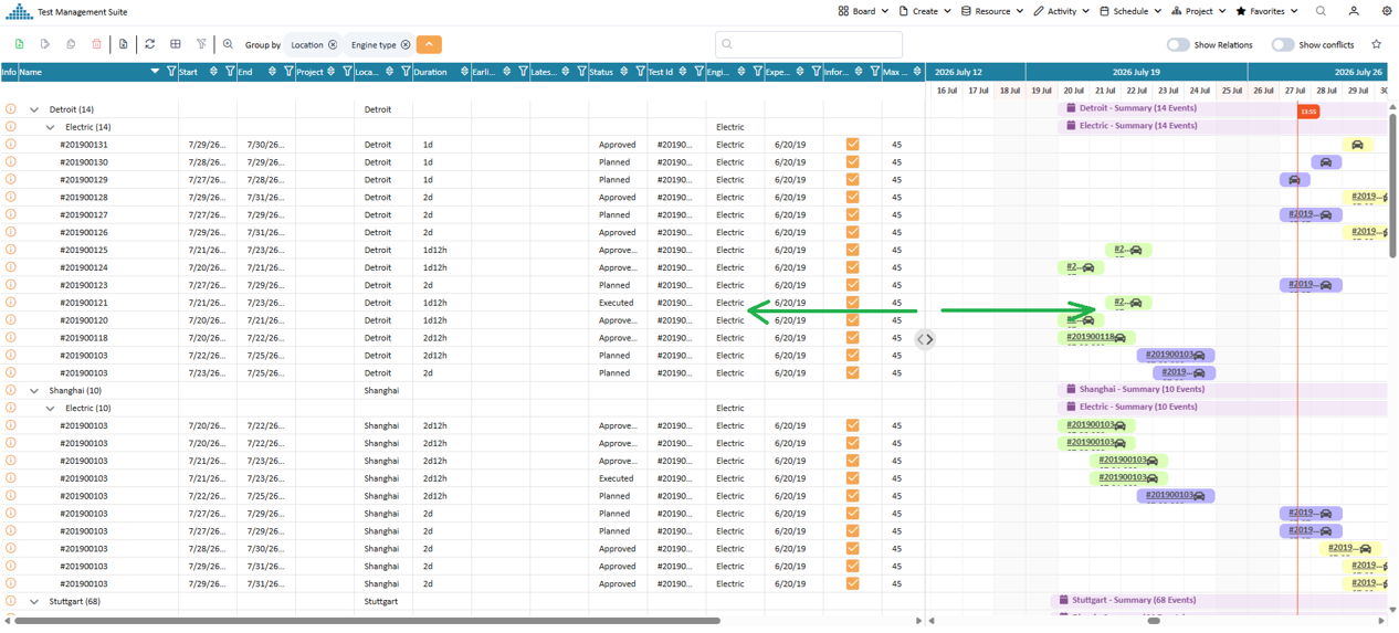 Use the slider to define the size of list area and scheduling area