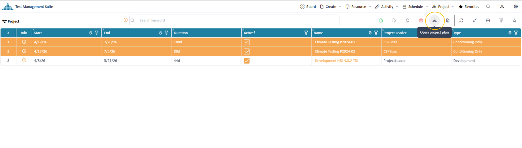 Starting project plan from a list of projects