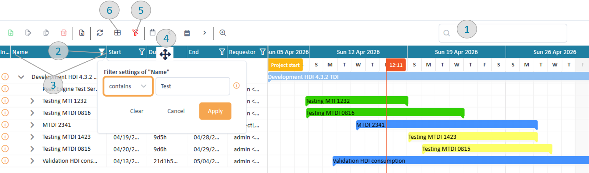 Project plan toolbar and table header