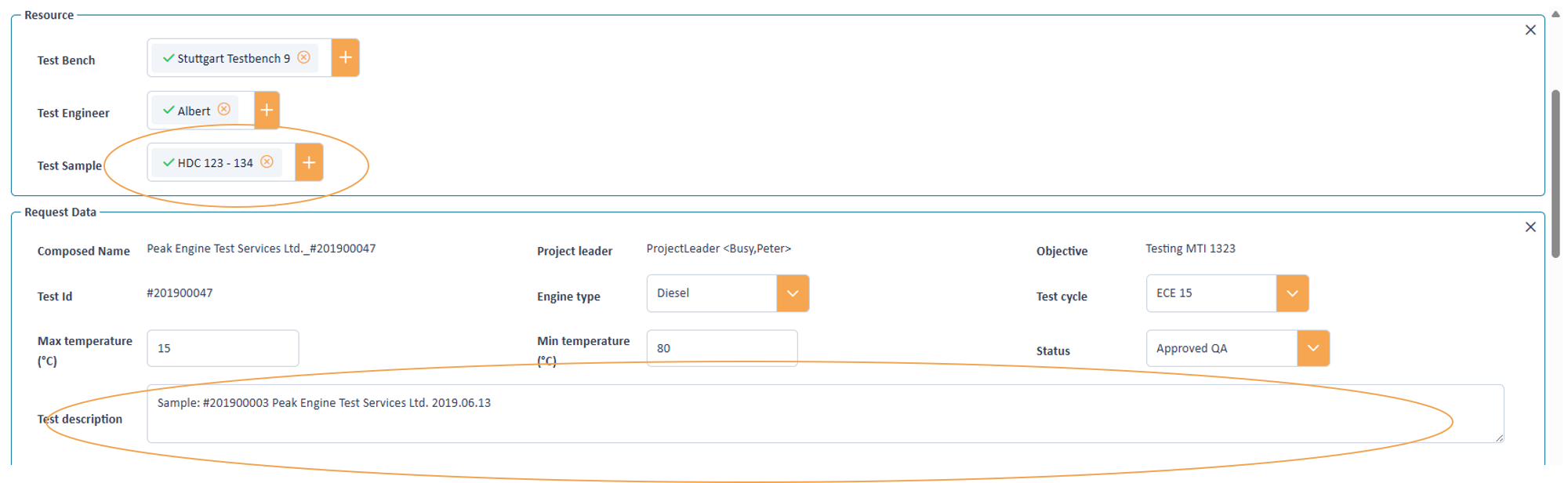 Writing resource information into a test fied
