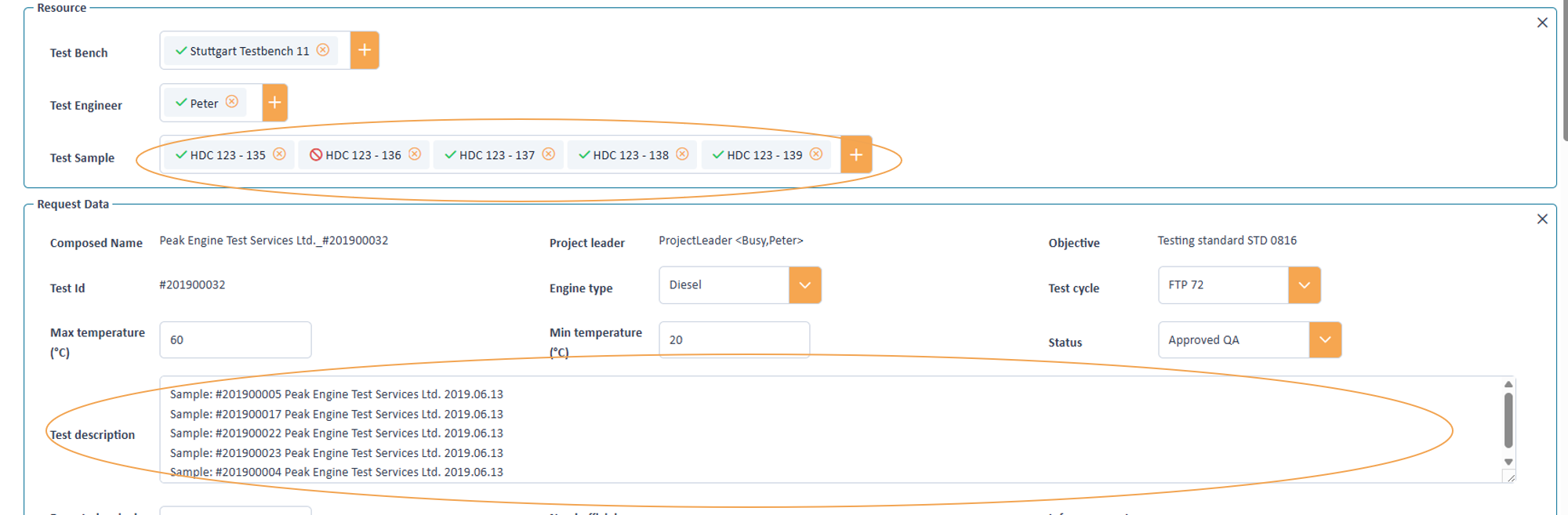 Writing resource information into a test fied