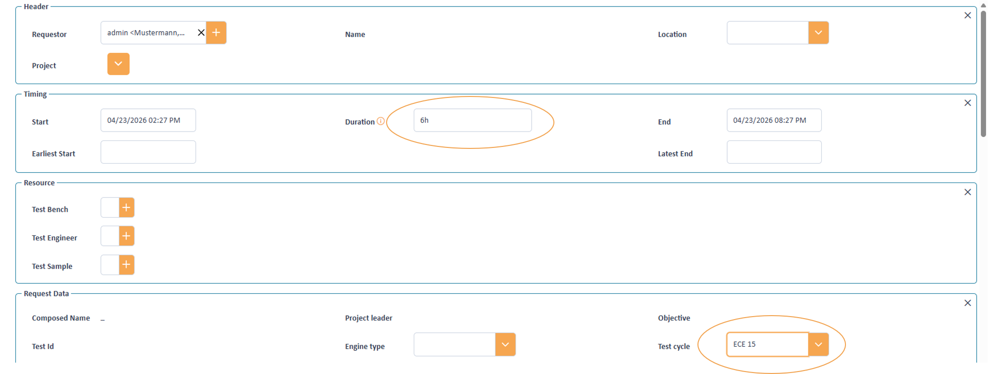 Setting duration based on a test cycle